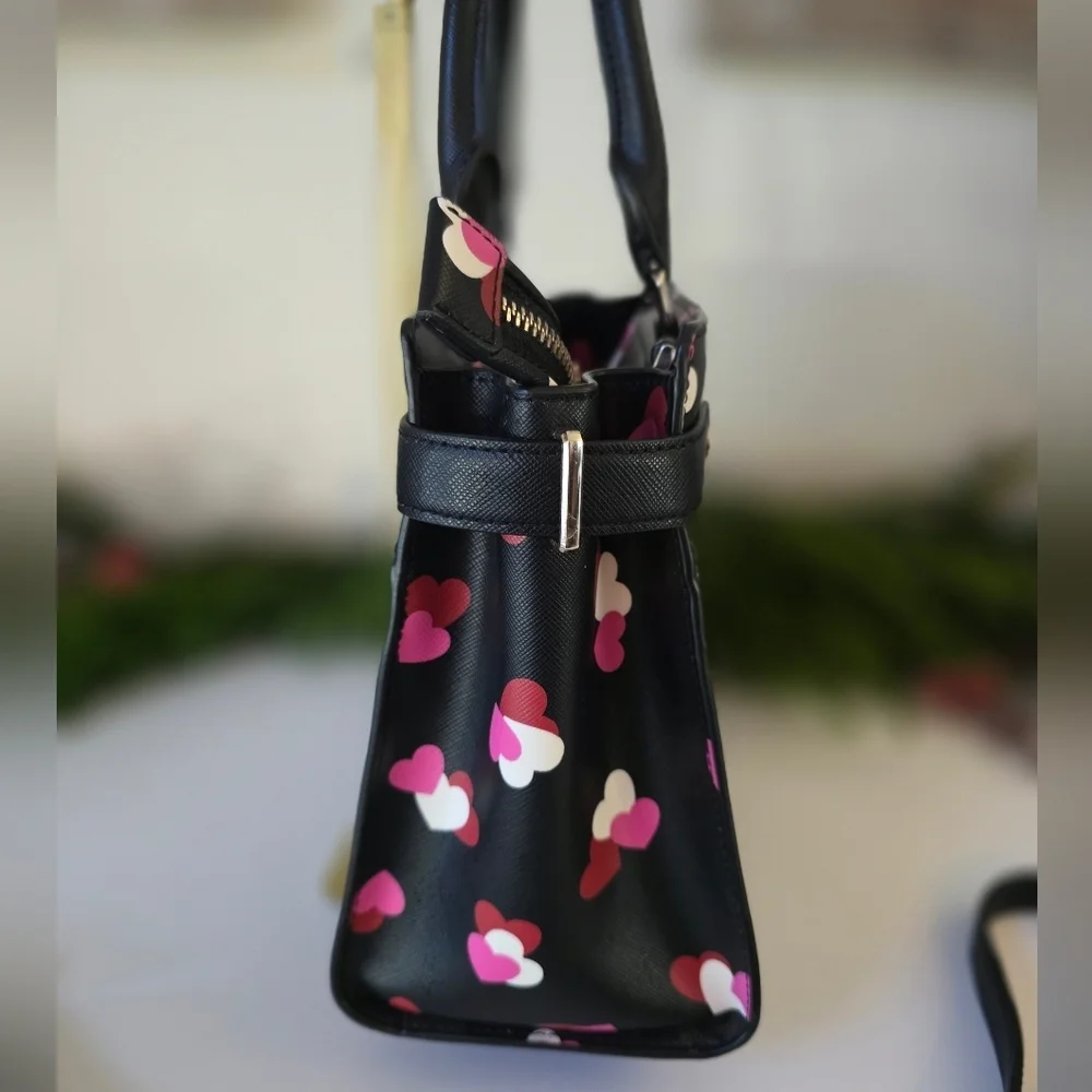 Kate Spade Medium Staci Flutter Hearts Satchel-Crossbody Black Saffiano Leather
